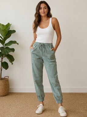 Calvin Klein Jeans Sage Green High-Rise Drawstring Joggers Linen Pants